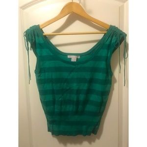 Charlotte Russe Knit Crop Top LARGE, Striped Kelly Green Cinched Shoulder